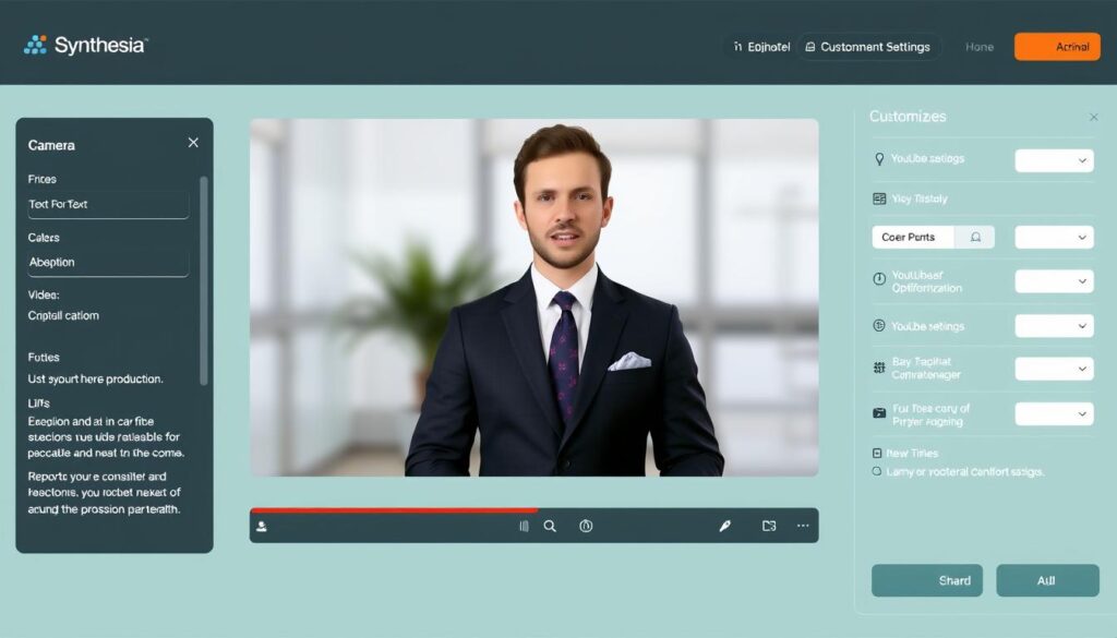 Synthesia AI video generator interface showing an AI avatar for YouTube videos Synthesia AI video generator interface showing an AI avatar for YouTube videos