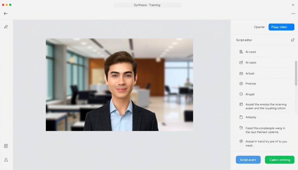 Synthesia interface showing AI avatar creation for a professional training video Synthesia interface showing AI avatar creation for a professional training video