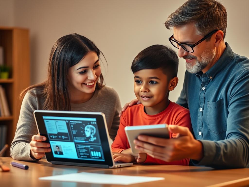 Teacher and AI tutor working together to support a student, showing complementary roles Teacher and AI tutor working together to support a student, showing complementary roles