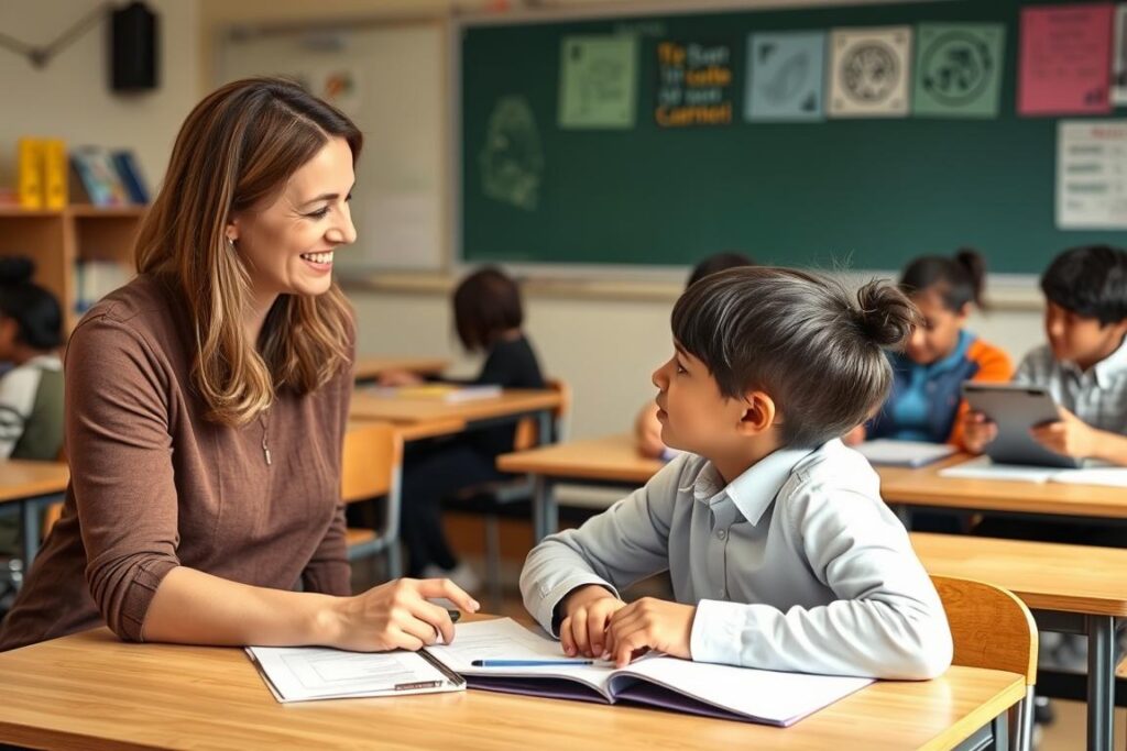 Teacher having a one-on-one discussion with a student while other students work with AI learning tools Teacher having a one-on-one discussion with a student while other students work with AI learning tools