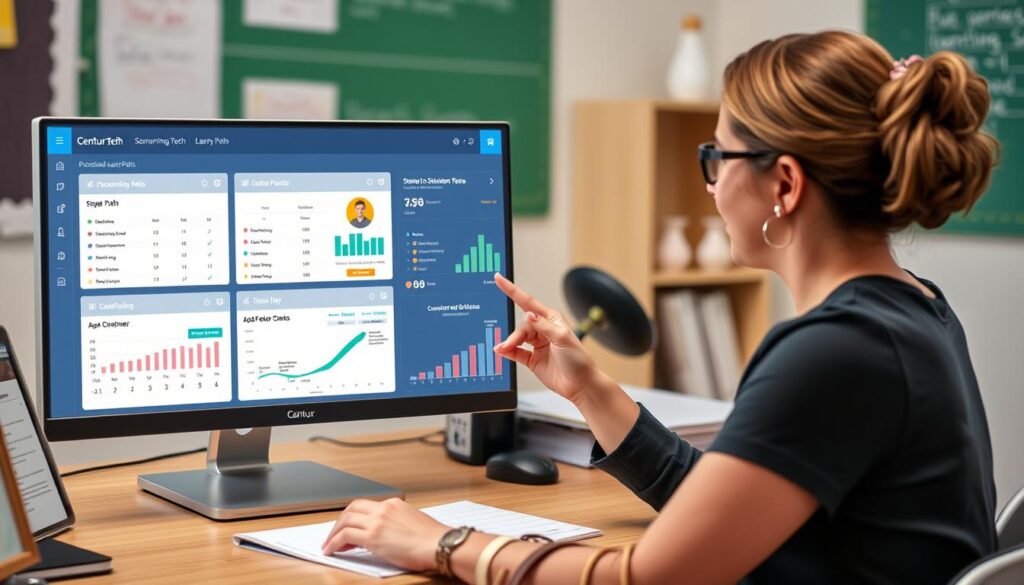 Teacher reviewing Century Tech dashboard showing personalized learning paths for different students Teacher reviewing Century Tech dashboard showing personalized learning paths for different students