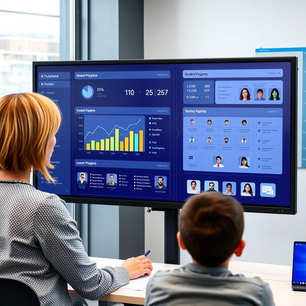 Teacher using AI assistant dashboard to monitor student progress and personalize instruction Teacher using AI assistant dashboard to monitor student progress and personalize instruction