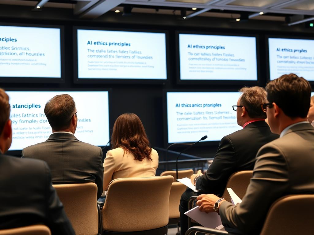 Tech industry leaders discussing AI ethics and standards at a conference Tech industry leaders discussing AI ethics and standards at a conference