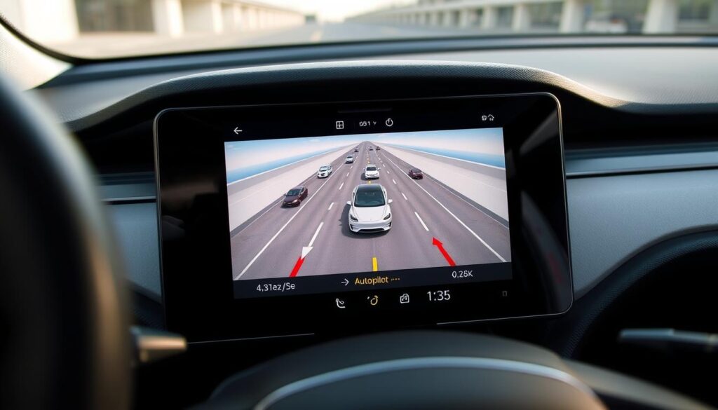 Tesla's Autopilot interface showing AI-powered detection of surrounding vehicles and lane markings Tesla's Autopilot interface showing AI-powered detection of surrounding vehicles and lane markings