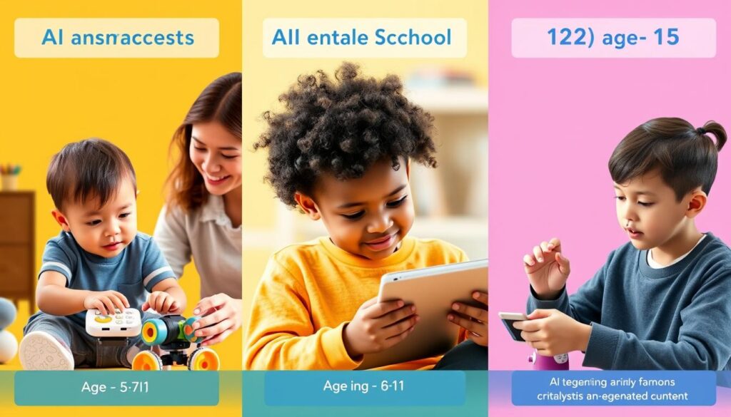 Three different age groups of children engaging with artificial intelligence concepts Three different age groups of children engaging with artificial intelligence concepts