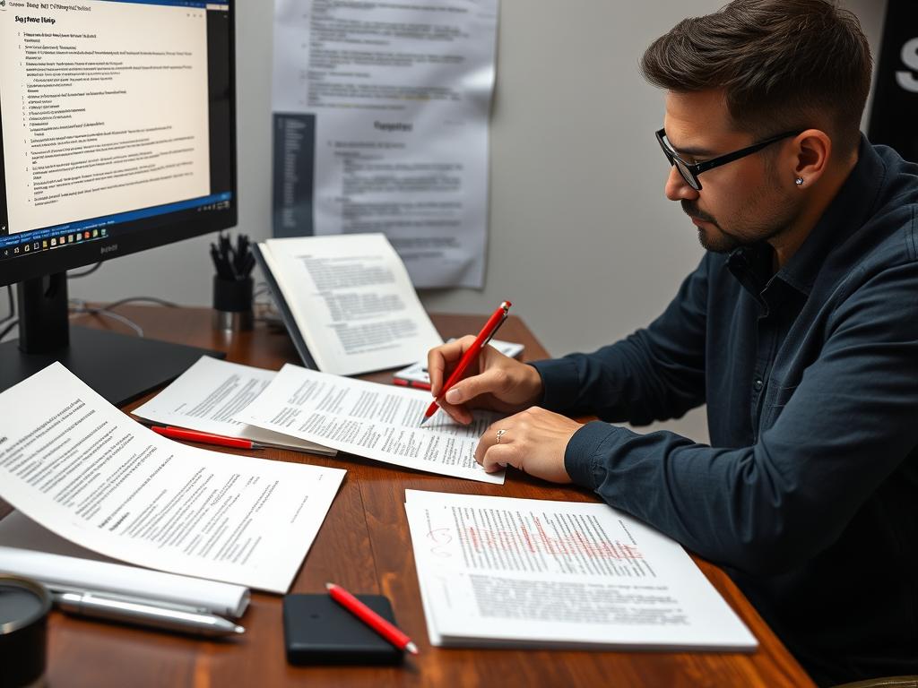 Writer reviewing and editing AI-generated script content Writer reviewing and editing AI-generated script content