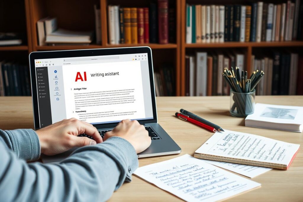 Writer working with AI writing assistant software on a laptop, showing collaborative creative process Writer working with AI writing assistant software on a laptop, showing collaborative creative process