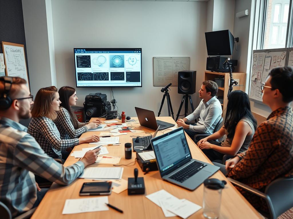 Writer's room with both traditional and AI-assisted scriptwriting methods Writer's room with both traditional and AI-assisted scriptwriting methods