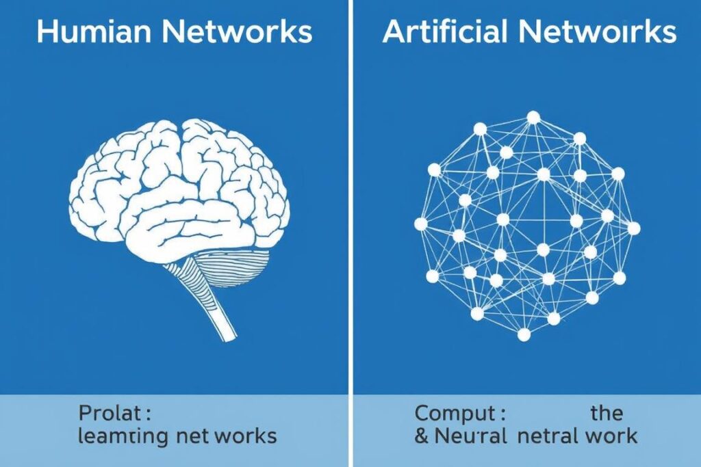 Comparison between human brain neural networks and artificial neural networks showing key differences