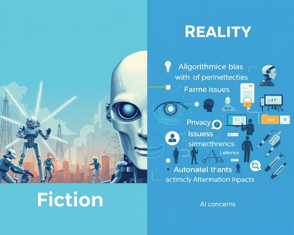 Comparison of science fiction AI fears versus realistic AI concerns that require attention