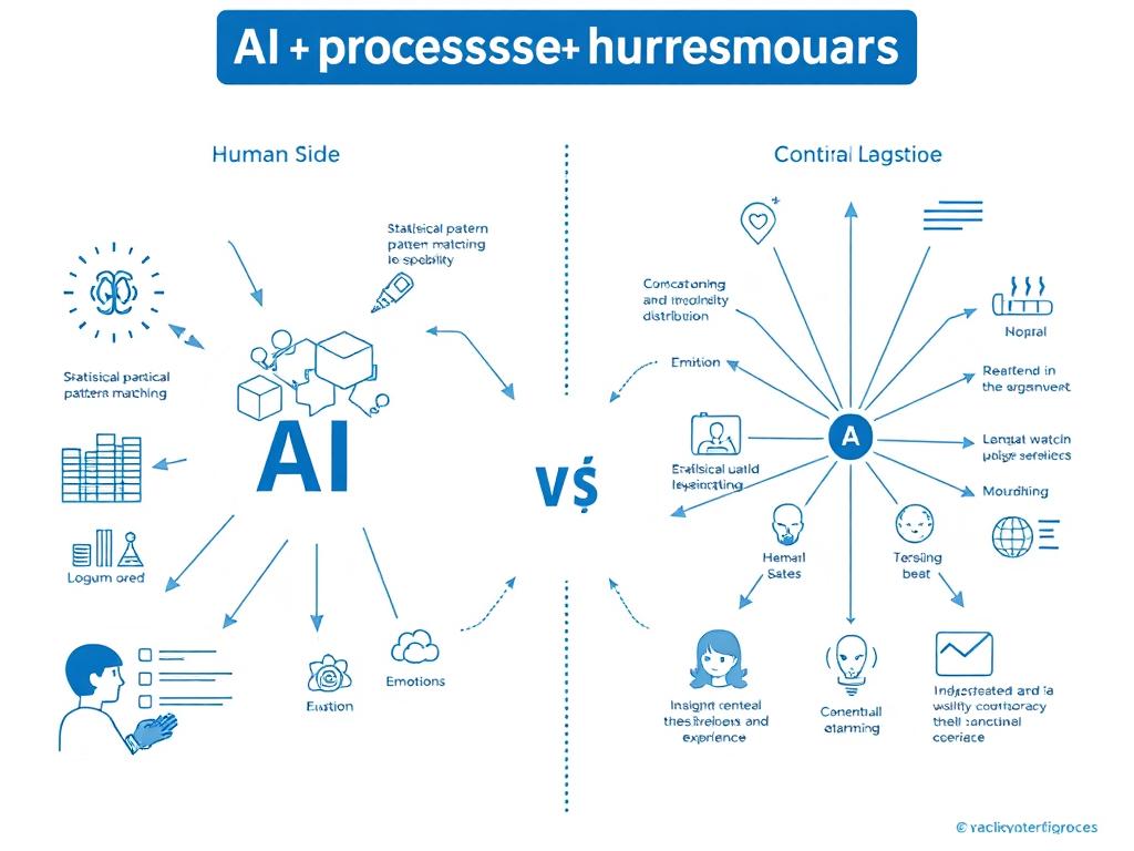 Diagram contrasting how AI processes language patterns versus human understanding of meaning