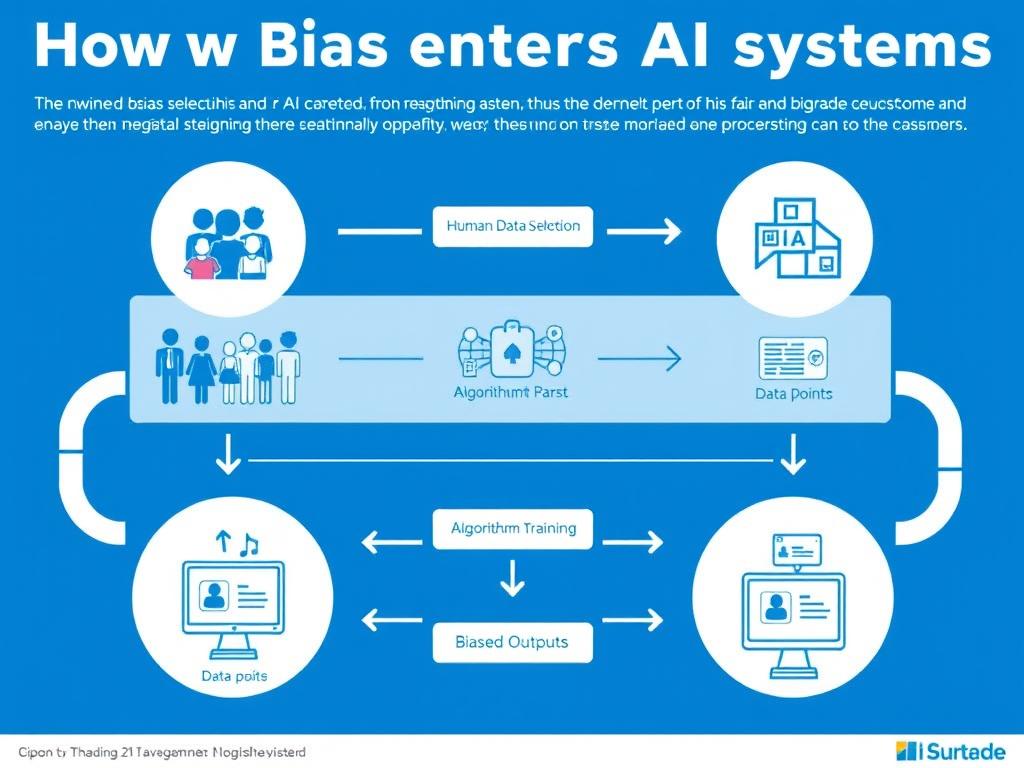 Diagram showing how human bias enters AI systems through data selection and algorithm design
