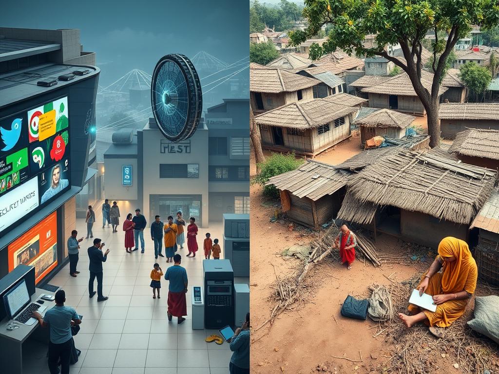 Digital divide showing contrast between urban tech hub and rural area with limited connectivity in a developing country Digital divide showing contrast between urban tech hub and rural area with limited connectivity in a developing country