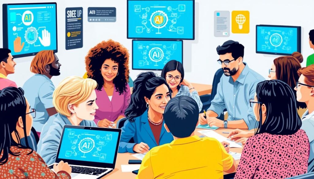 Diverse group of people engaged in AI literacy education in a classroom setting