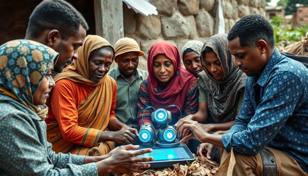 Diverse group of workers in a developing country collaborating with AI tools Diverse group of workers in a developing country collaborating with AI tools