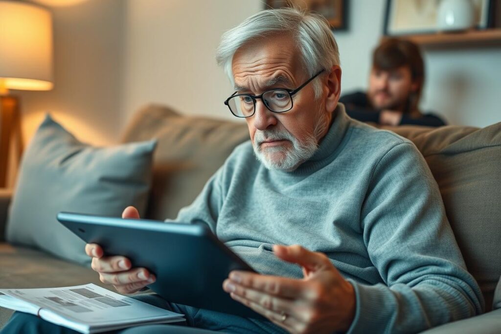Elderly person struggling to use AI technology, representing the age-related digital divide