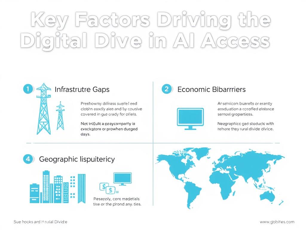 Infographic showing key factors contributing to the digital divide in AI access, including infrastructure gaps, economic barriers, digital literacy, and geographic disparities