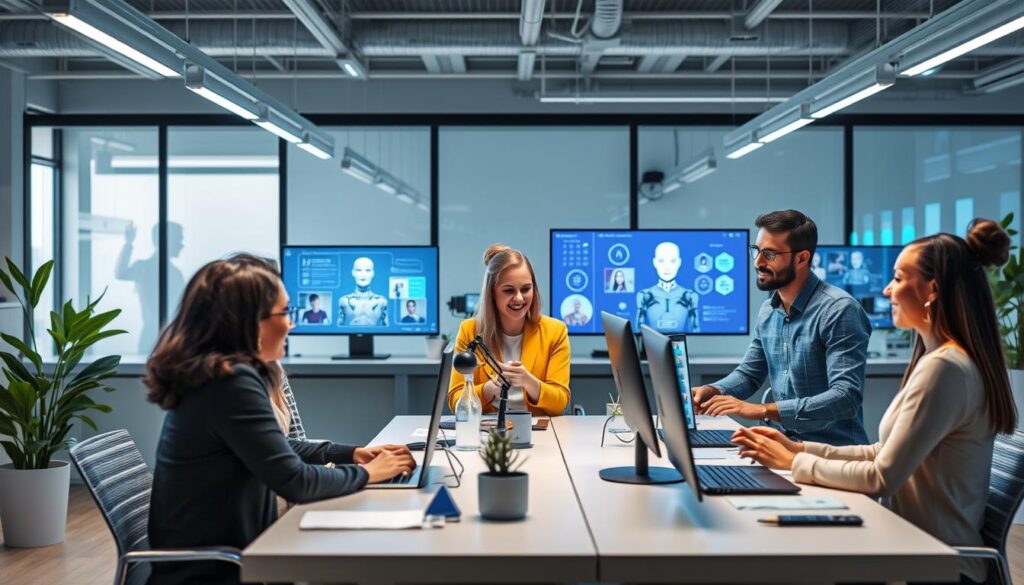 Workers collaborating with AI tools in a modern workplace showing human-AI partnership