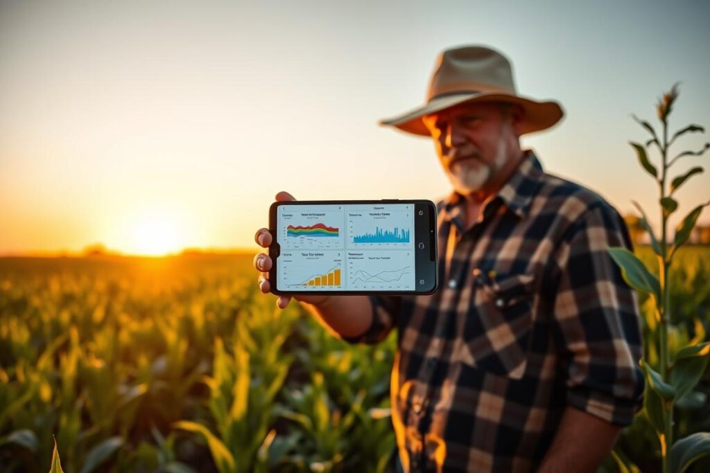 A farmer in a field looking at a smartphone displaying AI-generated crop predictions
