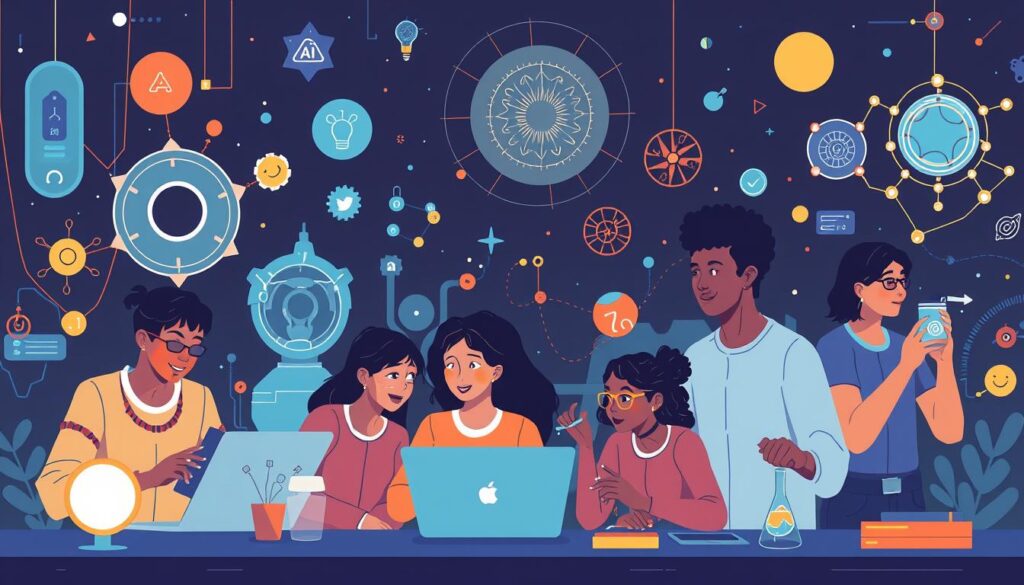 A futuristic illustration showing diverse people experimenting with unusual AI applications in creative ways