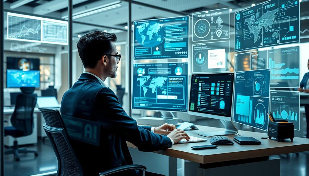 A knowledge worker collaborating with multiple AI agents across different tasks in a modern workspace in 2025 A knowledge worker collaborating with multiple AI agents across different tasks in a modern workspace in 2025