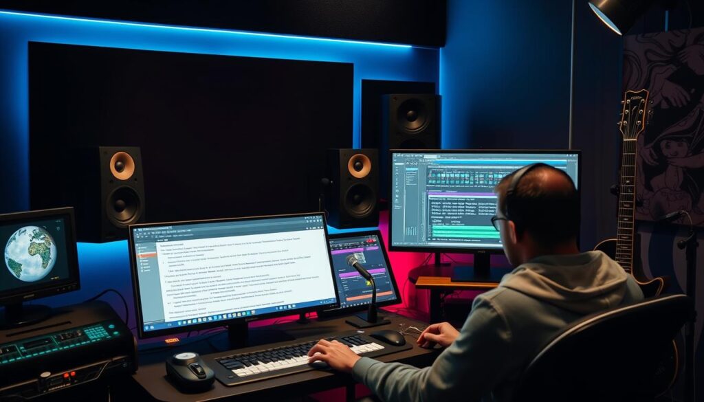 A music studio setup where AI-generated text is being transformed into musical compositions