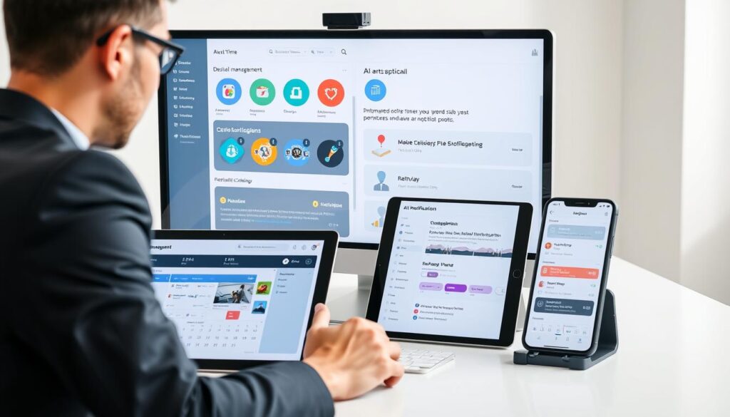 A person using AI productivity tools on multiple devices showing task automation and project management interfaces