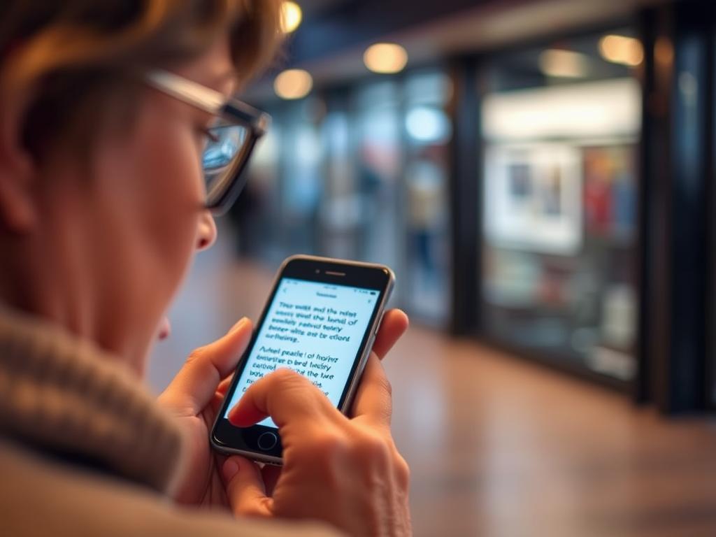 A person with visual impairment using a smartphone with an AI assistant providing detailed descriptions of surroundings