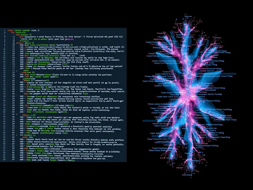 A split-screen showing code on one side and an abstract visualization generated by AI on the other, highlighting unusual patterns