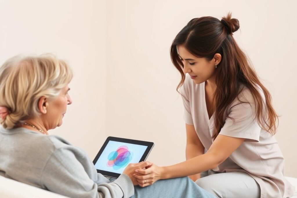 A therapy session where a patient is using an AI art generator to express emotions that are difficult to communicate verbally