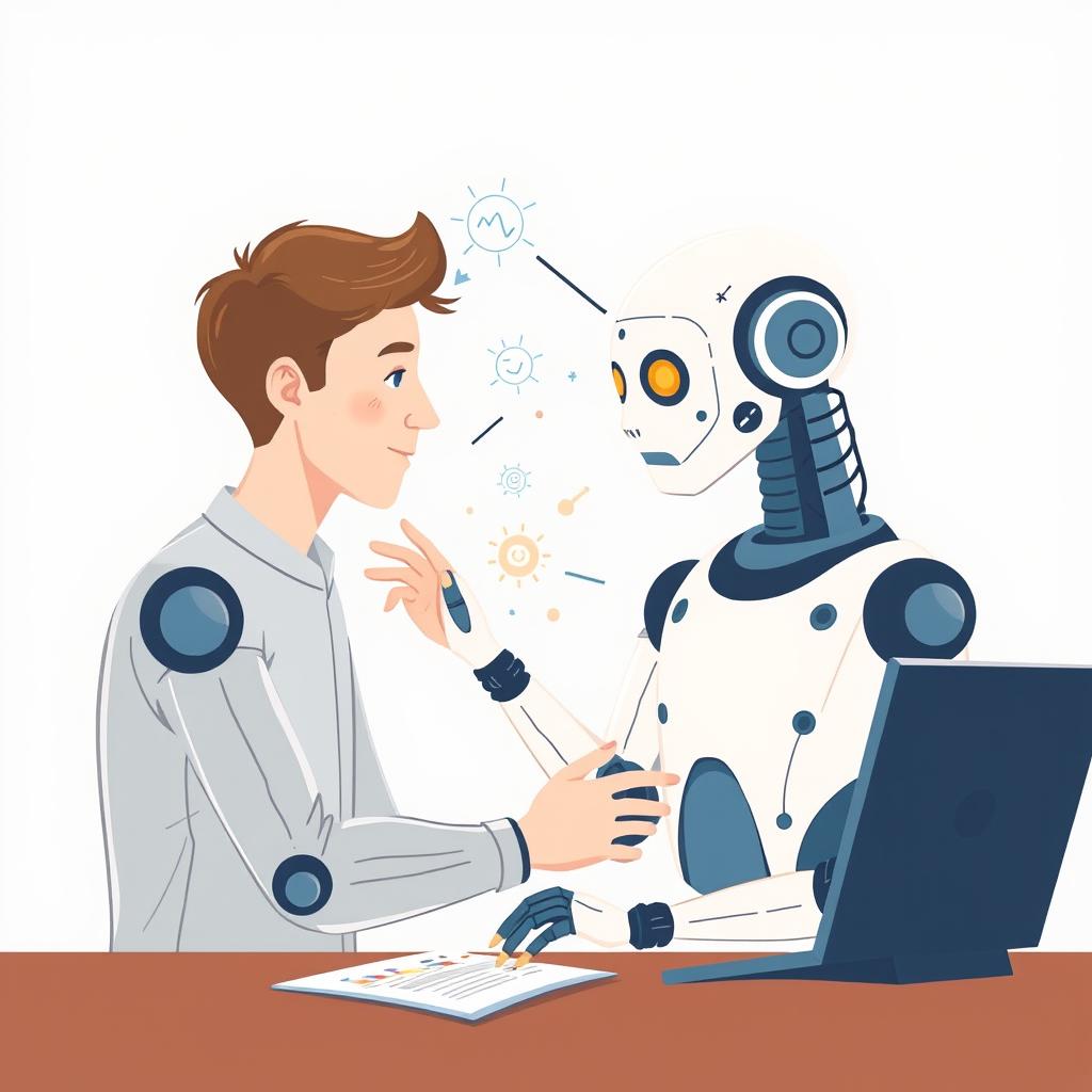 An illustration depicting human-AI collaboration with a person and AI working together on a complex task