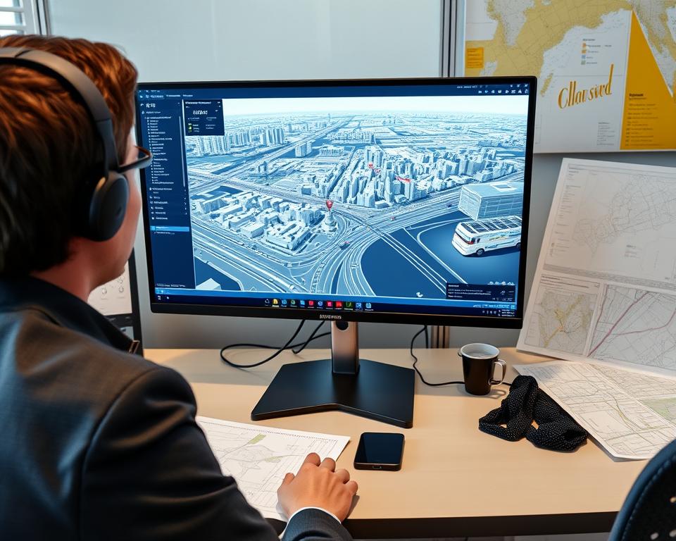An urban planner using a gaming engine with AI integration to visualize city development scenarios