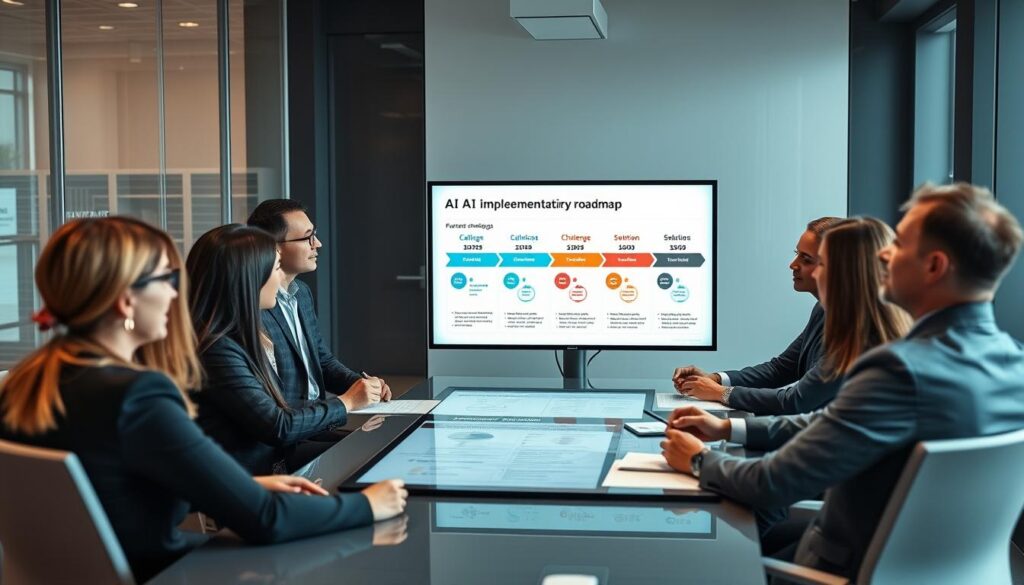 Business leaders addressing challenges in AI agent implementation with a solutions roadmap, representing the AI agents future of work 2025 Business leaders addressing challenges in AI agent implementation with a solutions roadmap, representing the AI agents future of work 2025