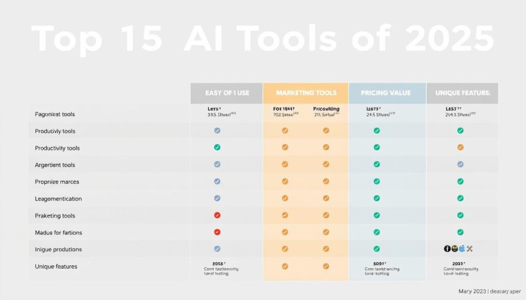 Comparison chart of the best AI tools 2025 showing ratings for productivity, marketing, and content creation tools