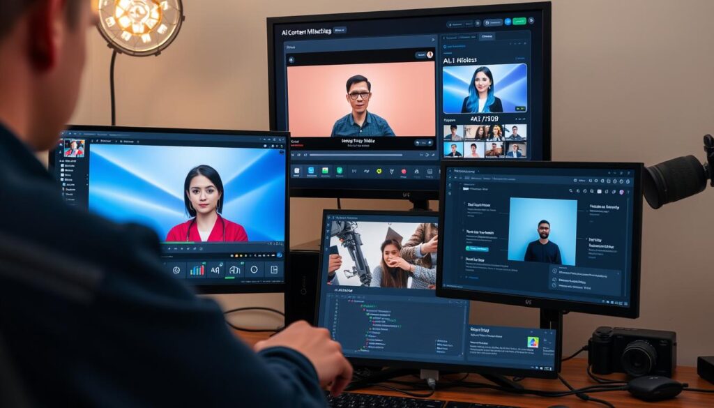 Content creator using AI tools to generate videos, images, and written content in 2025