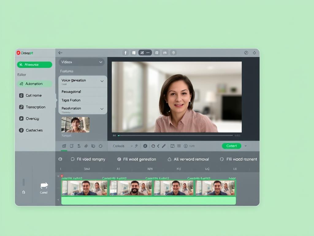 Descript interface showing AI video editing and transcription features in 2025