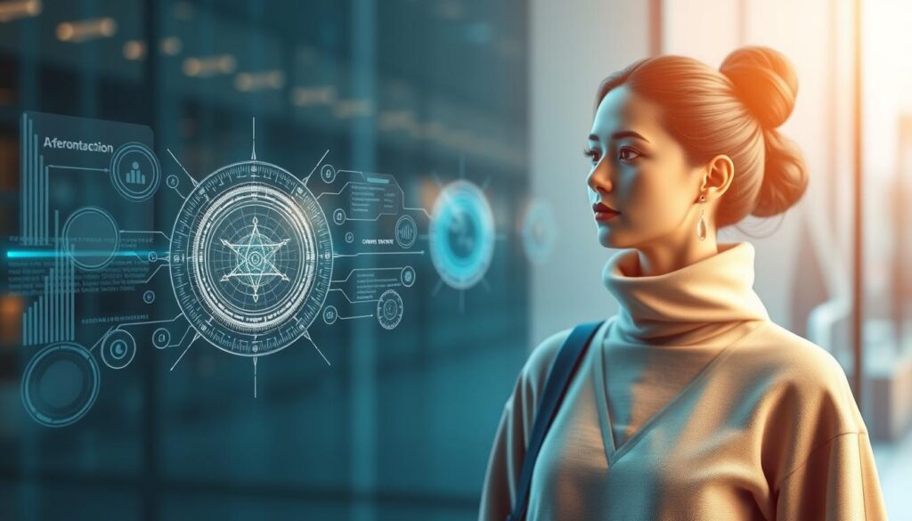Futuristic visualization of AI self-care technology with biometric integration Futuristic visualization of AI self-care technology with biometric integration