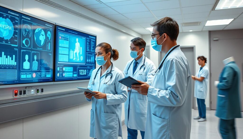 Healthcare professionals working with BabyAGI system for patient triage in a Boston hospital, showing AI agents future of work 2025 in healthcare Healthcare professionals working with BabyAGI system for patient triage in a Boston hospital, showing AI agents future of work 2025 in healthcare