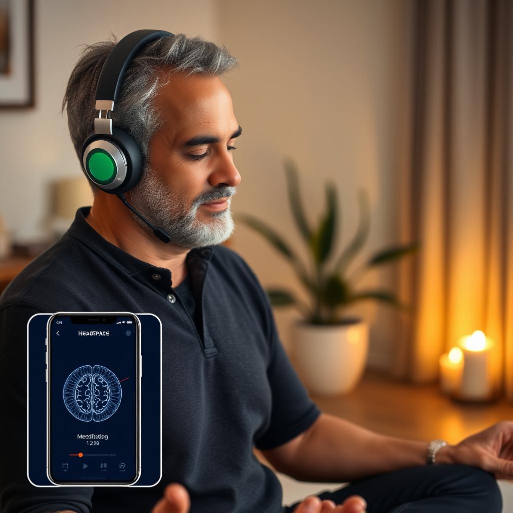 Man meditating with Headspace app showing brain activity patterns Man meditating with Headspace app showing brain activity patterns