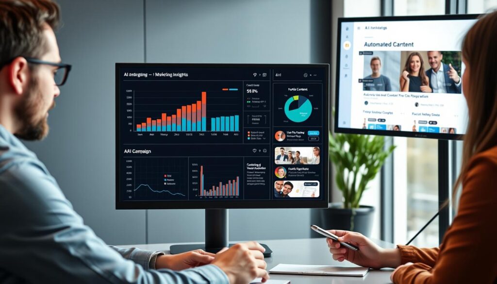 Marketing professional using AI tools to analyze campaign data and create personalized content in 2025