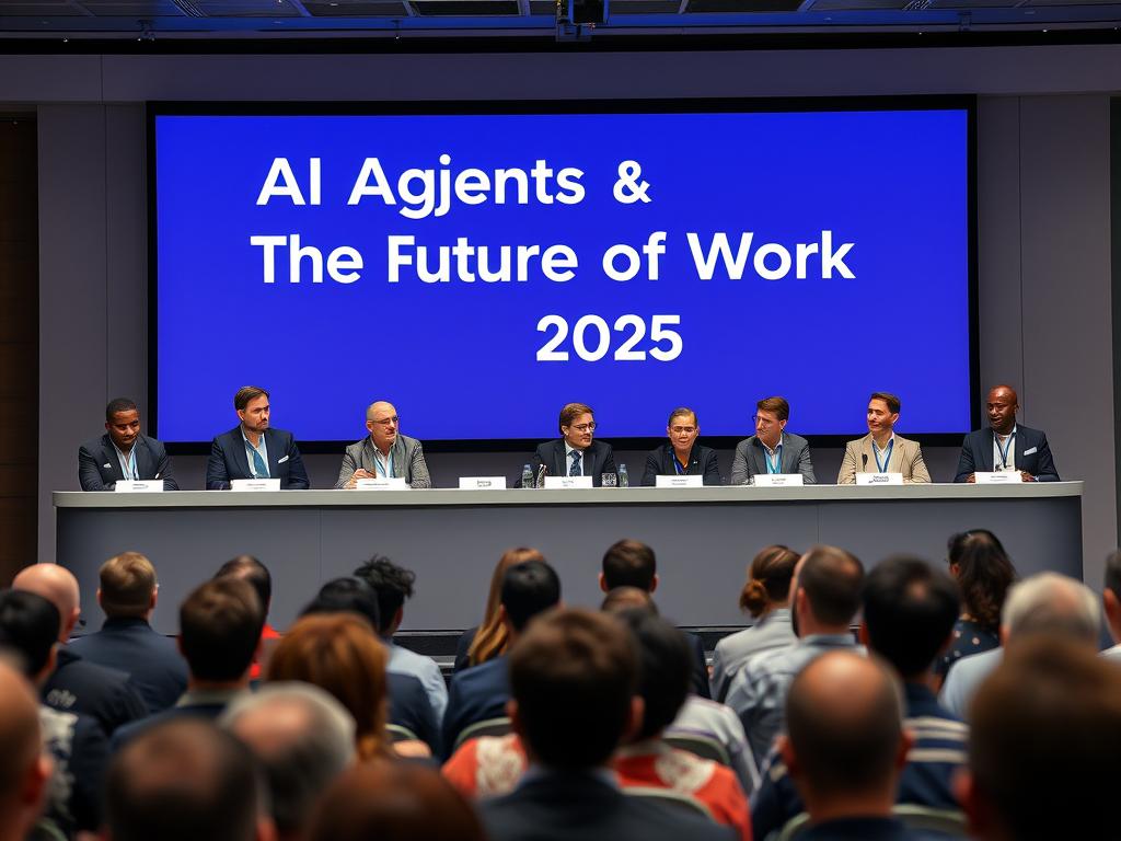 Panel of experts discussing AI agents and the future of work 2025 at a technology conference Panel of experts discussing AI agents and the future of work 2025 at a technology conference