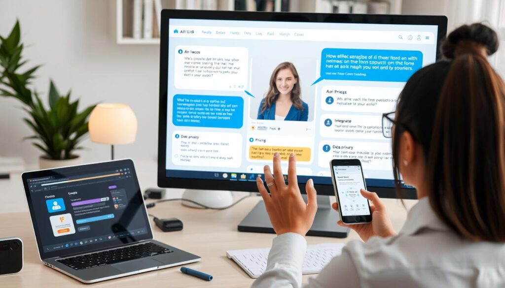 Person asking questions about AI tools to a virtual assistant on multiple devices in 2025