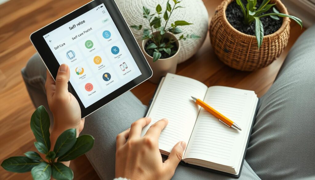 Person creating a balanced self-care routine with both AI tools and traditional practices Person creating a balanced self-care routine with both AI tools and traditional practices