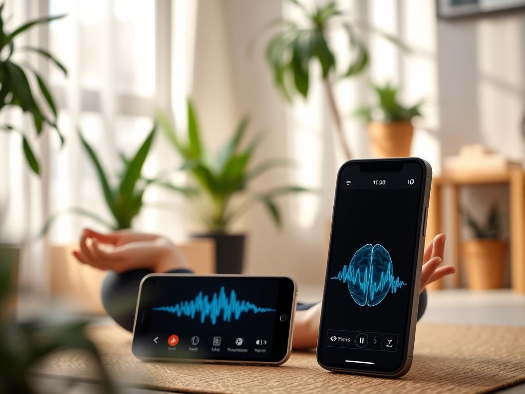 Person meditating while using an AI meditation app that displays real-time feedback Person meditating while using an AI meditation app that displays real-time feedback