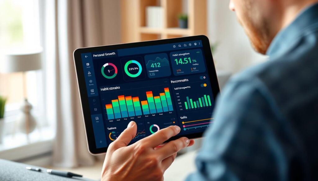Person reviewing their personal growth analytics on a tablet with AI recommendations Person reviewing their personal growth analytics on a tablet with AI recommendations