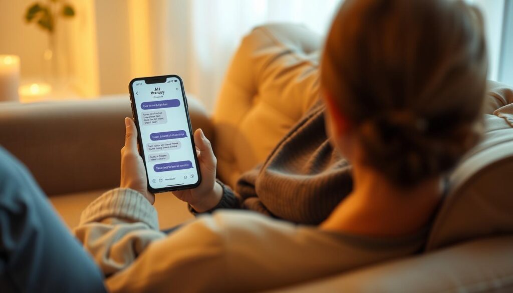 Person using an AI therapy chatbot on their phone while sitting comfortably at home Person using an AI therapy chatbot on their phone while sitting comfortably at home