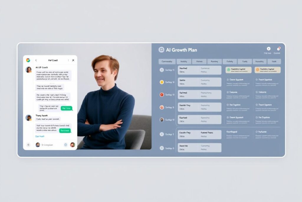 Split screen showing AI life coach conversation and personalized growth plan Split screen showing AI life coach conversation and personalized growth plan