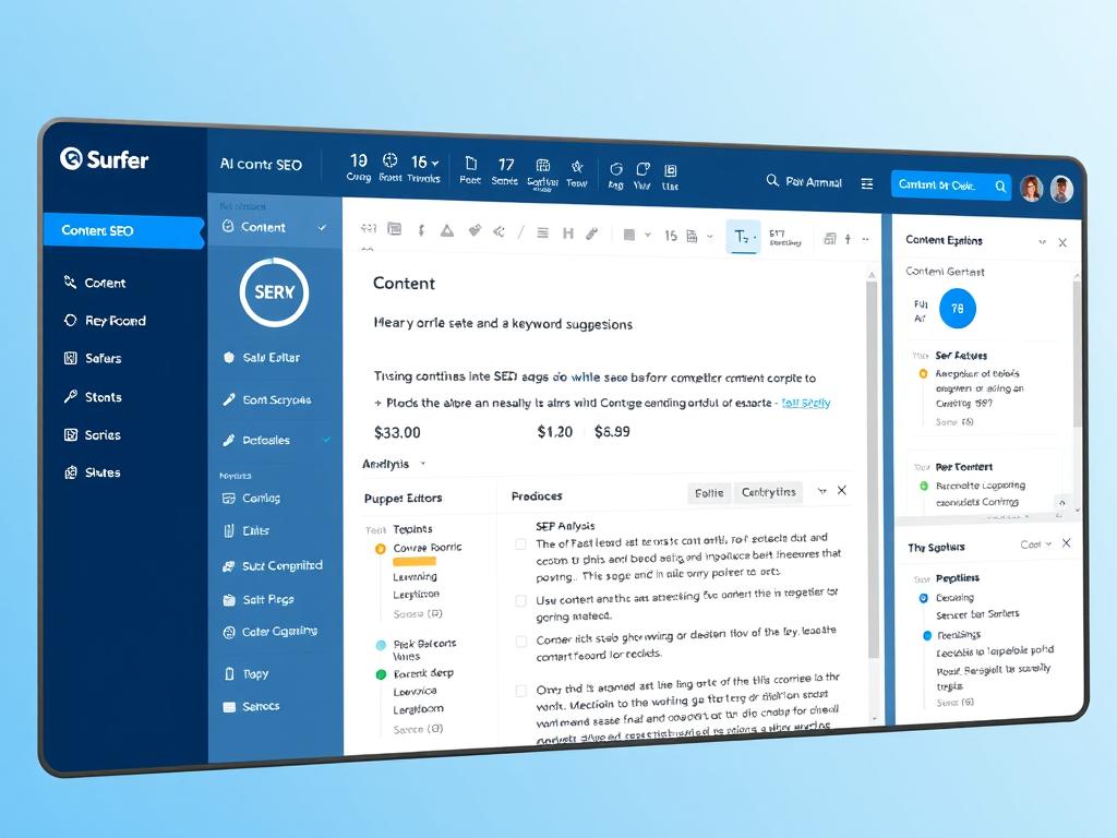 Surfer SEO interface showing AI content optimization and keyword analysis in 2025